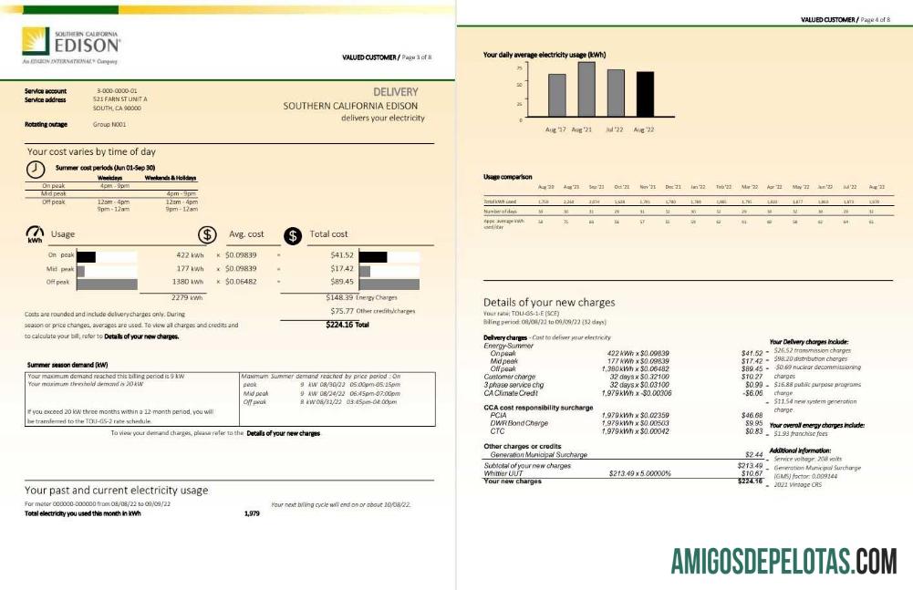 imprimível Conta de serviços públicos EDISON do sul da Califórnia dos EUA, modelo Word e PDF, 8 páginas 3 4